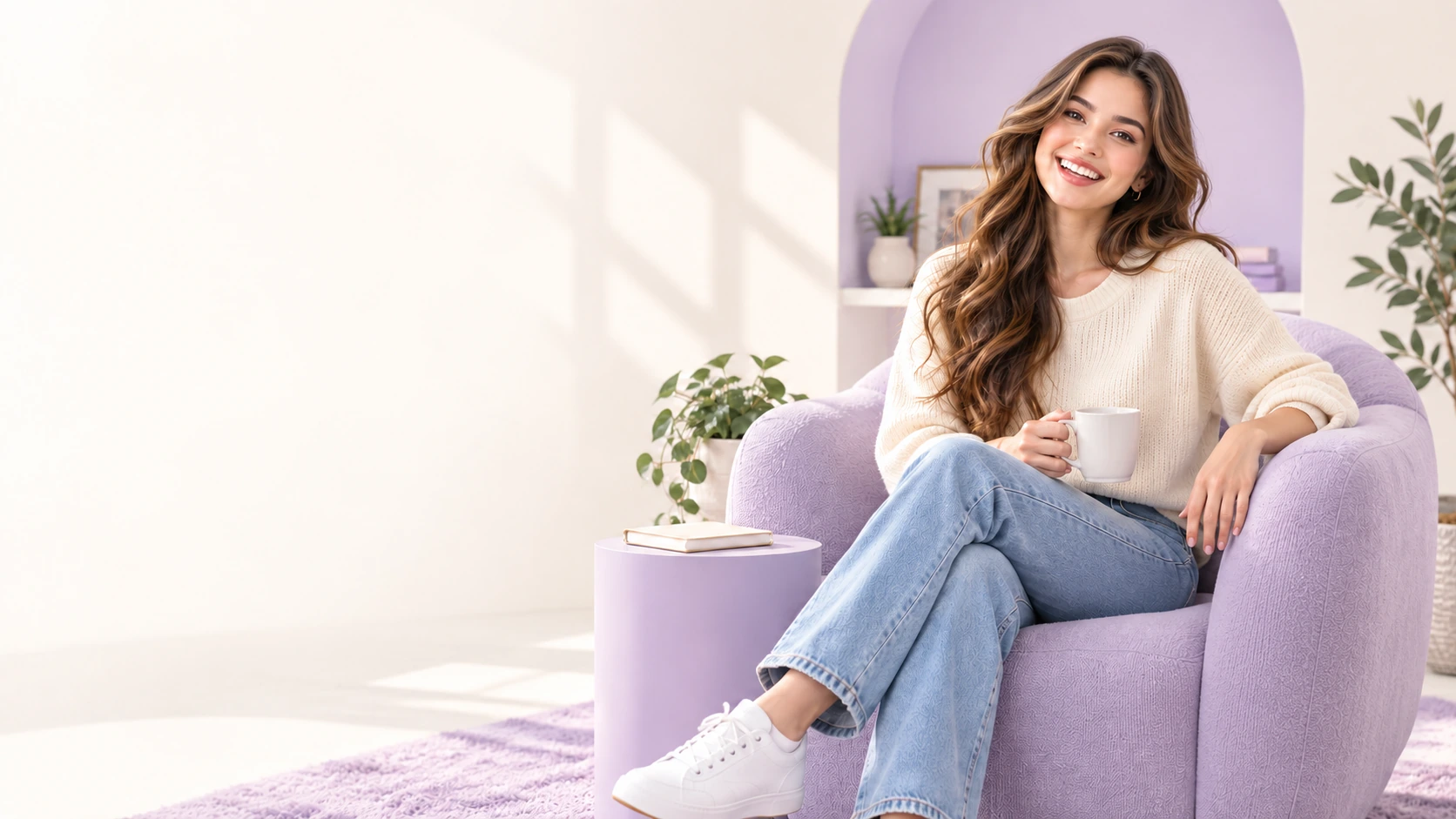 A smiling woman relaxing in a lilac armchair with a cup of coffee