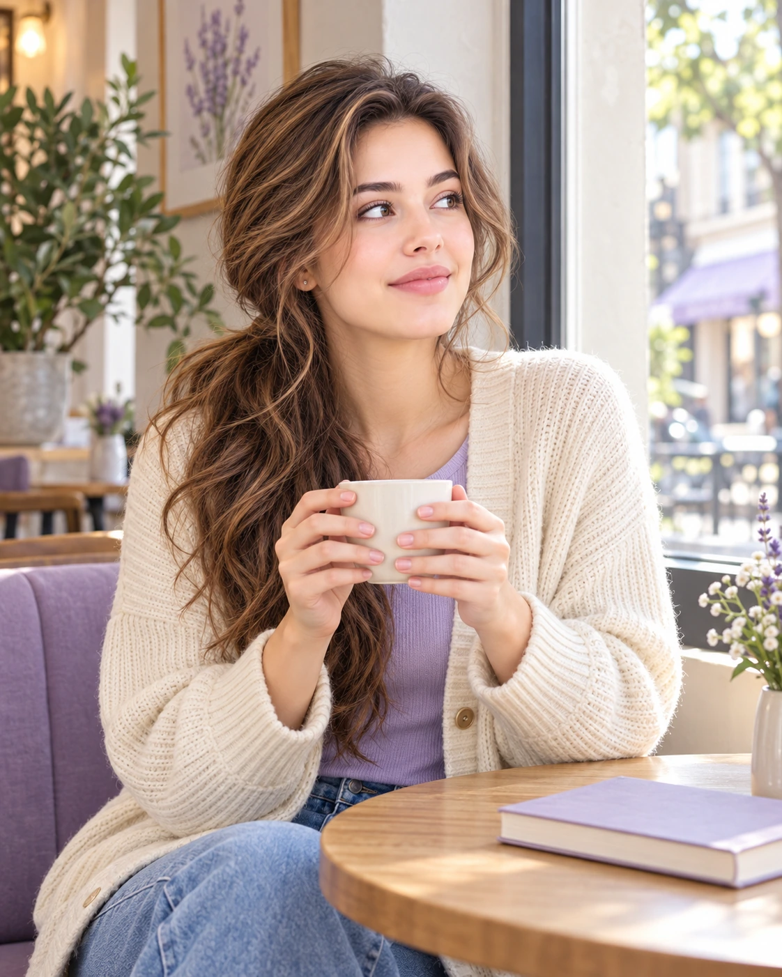 A woman with a coffee at a café table by the window, smiling